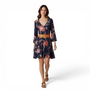 Free People Floral Mini Dress Navy Boho V Neck Fit & Flare Long Sleeve 2